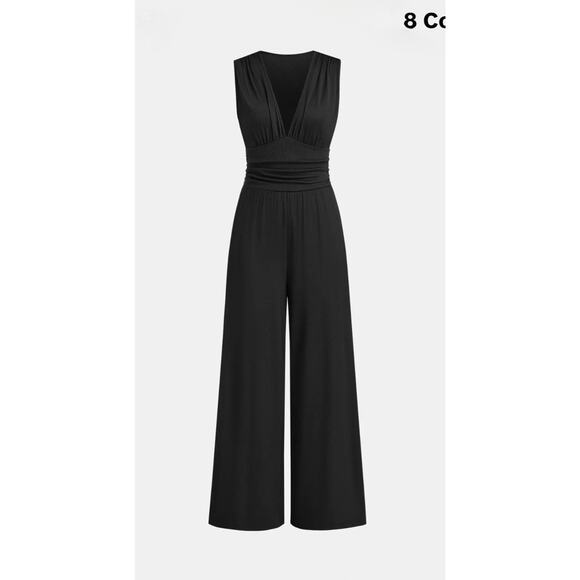 Yozy Dark Gray Wide Leg High Waist Ruched Sleeveless Jumpsuit Size L Pockets - Picture 1 of 10